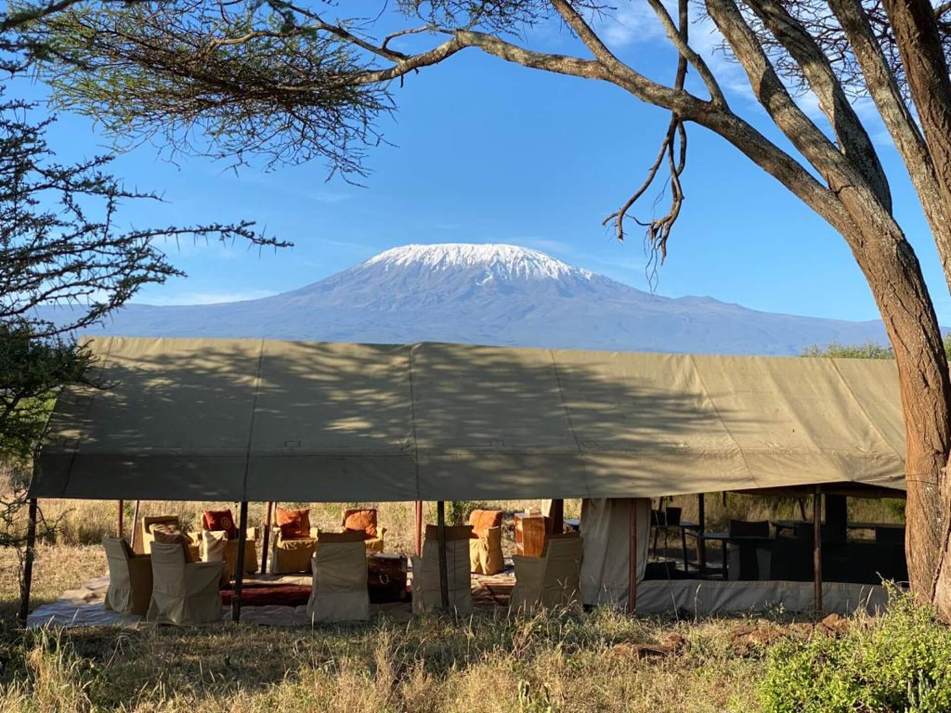 Mobile camp set up with Mt. Kilimanjaro rising behind